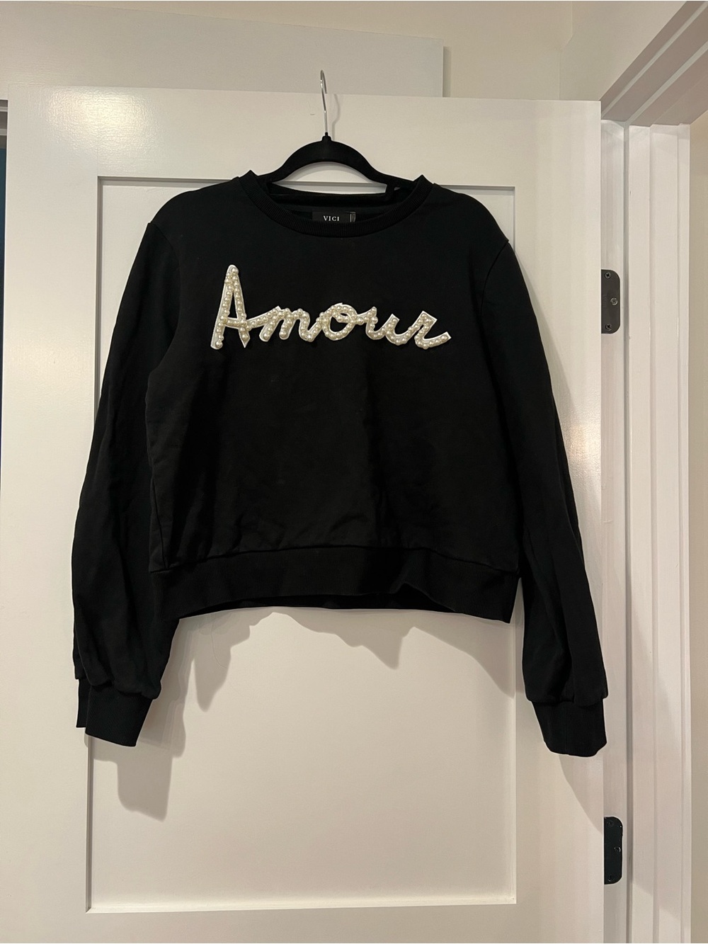VICI Black Pearl-Embellished "Amour" Cropped Sweatshirt